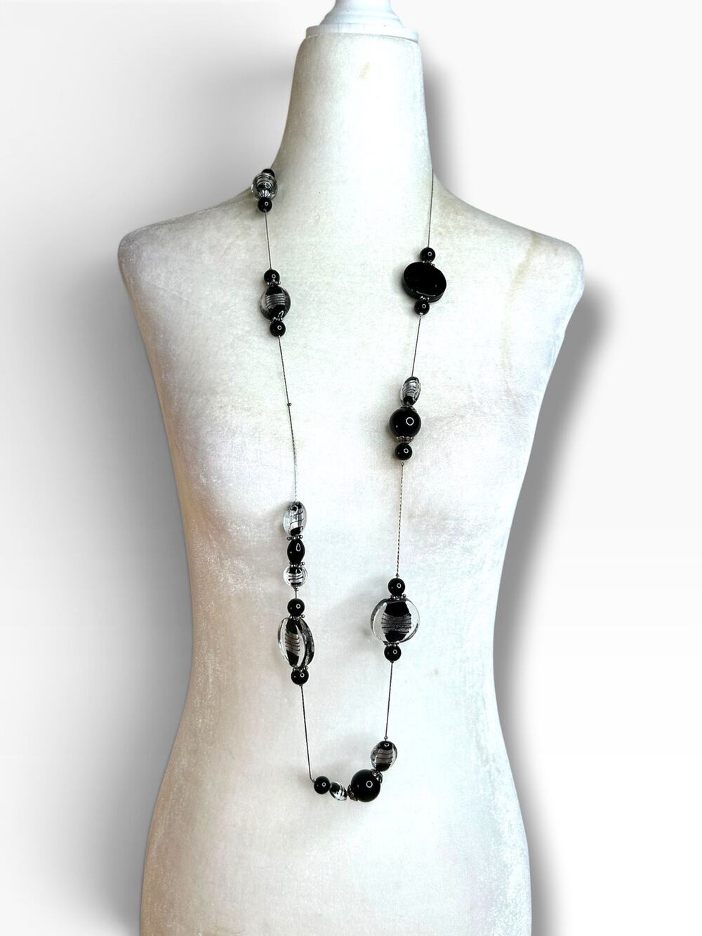 Silver Tone Station Chain Necklace Black Clear Art Glass Beads